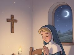 A blonde nun was praying in her room